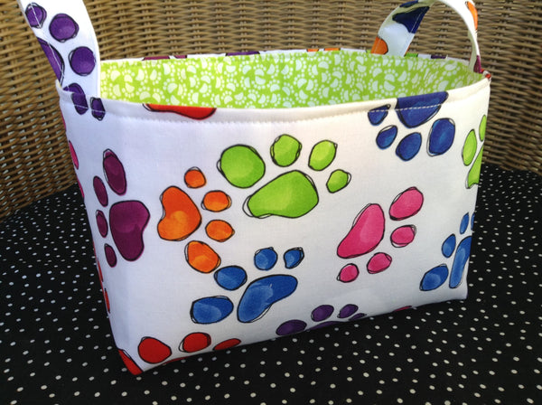 Fabric Basket Storage Bin Made from Rainbow Pawprint Fabric