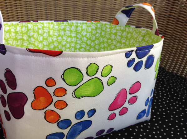 Fabric Basket Storage Bin Made from Rainbow Pawprint Fabric