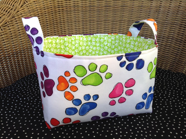 Fabric Basket Storage Bin Made from Rainbow Pawprint Fabric