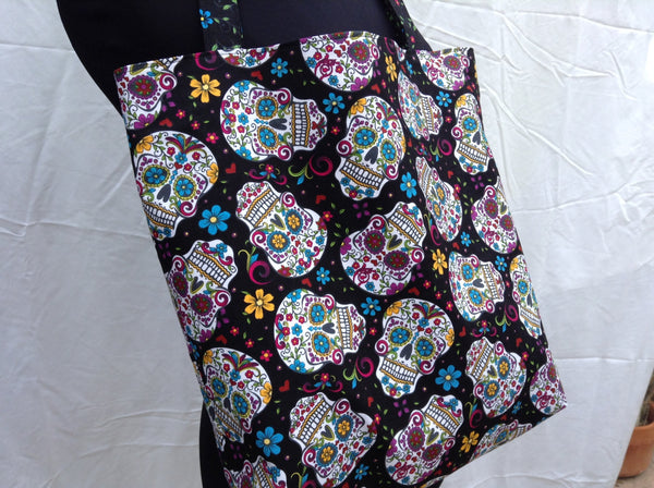Tote Bag Made From Dia De Los Muertos Black Skull Fabric Day of the Dead